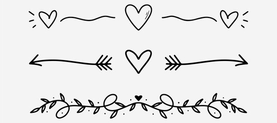 Love dividers sketch. Hand drawn romantic divider in doodle style. Heart shape with arrows doodle. Handdrawn decorative art shape. Vector EPS 10 © ivbiv