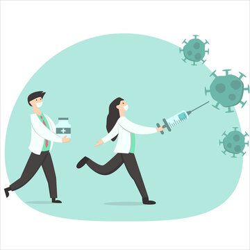 illustration of doctors and nurses fighting infectious diseases, bacterial and viral outbreaks, vaccination concept, isolated flat design.