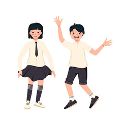 Boy and girl with dark hair, hairstyle and school uniforms. Happy smiling kids. Teenagers in smart black and white clothes. World children day