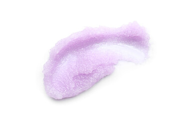 Smear of violet body scrub isolated on white, top view