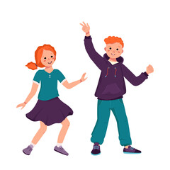 A boy in a hoodie and jeans and a girl in a skirt and shirt with red curly hair and freckles. Happy smiling kids dancing. Teenagers in casual clothes. World children day