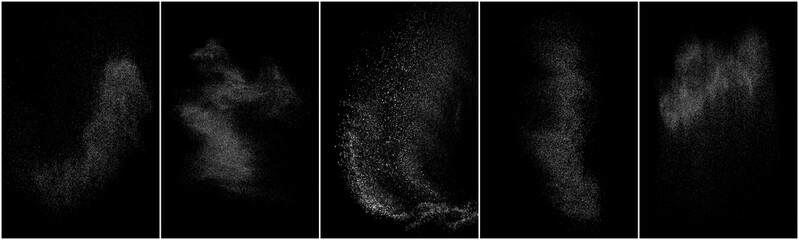 Set of distressed white grainy texture. Dust overlay textured. Grain noise particles. Snow effects pack. Rusted black background. Vector illustration, EPS 10.  