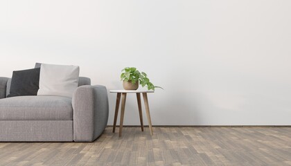 Modern eco-style interior with a space for poster, plant and a wooden floor. Front view. 3d rendering image