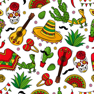 Viva Mexico seamless pattern with symbols of Mexican culture on a white background. Guitar, sombrero, maracas, cactus and skull colorful vector background. Vector illustration