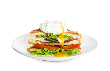 Tasty sandwich with poached egg isolated on white