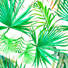 Palm leaves seamless pattern. Hand drawn leaves watercolor. Tropical background. Exotic illustration for papers, textile, fabric, wallpaper and wrapping paper.