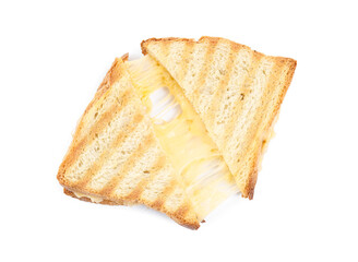 Fresh tasty cheese sandwich cut in half on white background, top view