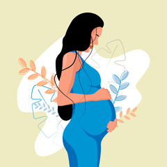Pregnant woman waiting for baby on green floral background isolated on white. Vector illustration