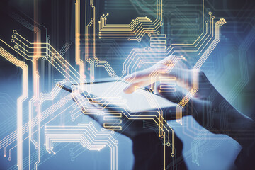 Double exposure of tech icon hologram and woman holding and using a mobile device. Technology concept.