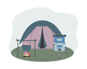 Summer hiking concept vector illustration with a tent, a campfire and a backpack in a flat style.