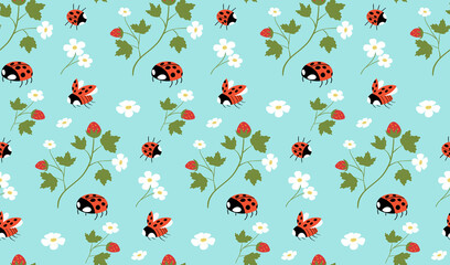 Strawberries pattern.Strawberry and ladybug seamless pattern.Berry pattern with insect