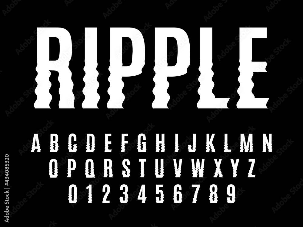 Fototapete ripple font. wavelike curve english alphabet, vertical smooth recurring distortions white letters an