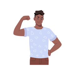 Boating afro american teenager showing biceps and muscles on arm. Isolated male character gesturing and communication in nonverbal mean, sporty and optimistic guy. Vector in flat cartoon style