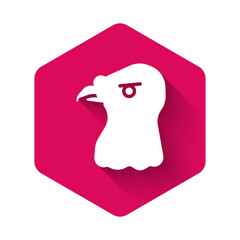 White Eagle head icon isolated with long shadow background. Pink hexagon button. Vector