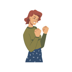 Gesturing female character expressing luck or victory, success of happiness. Woman with closed eyes and smile, raising fists. Cute lady, young personage or student. Vector in flat cartoon style