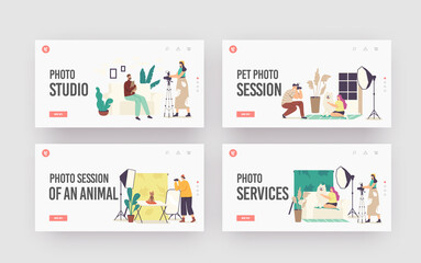 Studio Photo Session, Domestic Animals Photography Landing Page Template Set. Photographer Characters Make Photo of Pets