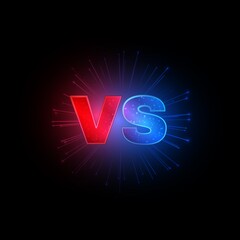 Emblem vs. Versus red and blue letters with lightning on black background, competitions symbol, confrontation and conflict, music or sport battles. Vector isolated illustration