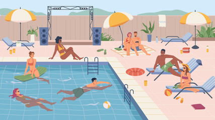 People swimming and relaxing by water, pool party and rest for male and female characters. Personage on inflatable mattress, sunbathing and enjoying summer vacations. Vector in flat cartoon style