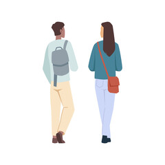Students man and woman with backpacks back view isolated flat cartoon characters. Vector university or high school pupils with backpack or sack, in casual cloth chatting or talking together