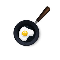 Black Frying Pan with with Fried Egg, Omelet Inside Isolated on White Background. Breakfast, Food Concept. Design Template, Mockup. Fried egg in a frying pan