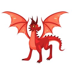 Fototapeta premium Magic Dragon. Fantasy colorful winged red creature. Medieval fairy tail animal, fire-breathing mythical reptile, flying dinosaur. Childish bright collection vector cartoon illustration