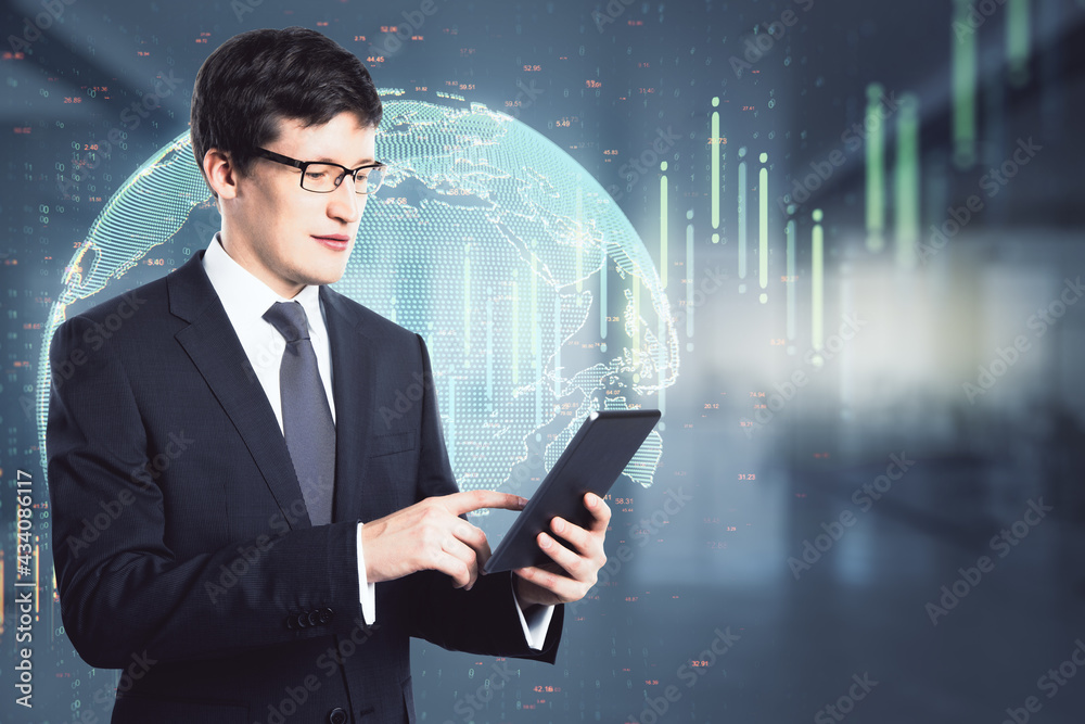 Aufkleber businessman in a suit with a tablet with a rising trading chart and a hologram globe. worldwide mark