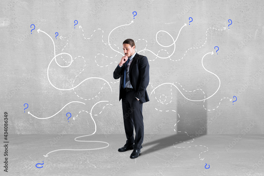 Poster choice concept with pensive businessman on concrete wall background with white curved lines with que