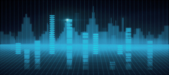 Abstract digital city square with skyscrapers silhouettes on dark background © Who is Danny