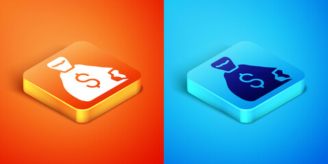 Isometric Money bag icon isolated on orange and blue background. Dollar or USD symbol. Cash Banking currency sign. Vector