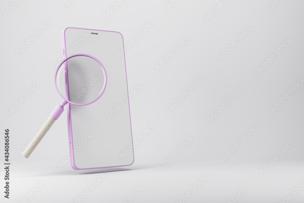 Aufkleber search and exploration concept with pink magnifying glass icon and modern smartphone on light blank 