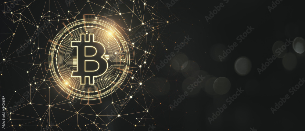 Aufkleber Blockchain and cryptocurrency concept with golden bitcoin symbol on circuit surrounded by chaotically located lines on dark abstract backdrop with copyspace for your text. 3D rendering, mock up