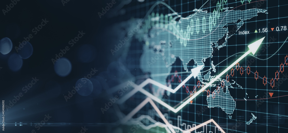 Poster Global stock market concept with digital world map, glowing rising arrows and candlestick on abstract dark technological background with copyspace. 3D rendering, mockup