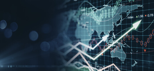 Global stock market concept with digital world map, glowing rising arrows and candlestick on...