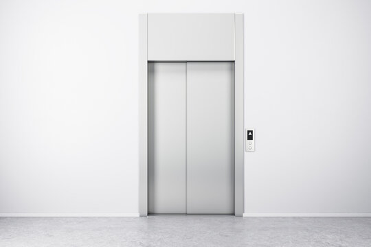 Front view on elevator with metal doors, white blank wall and concrete floor. 3D rendering, mockup