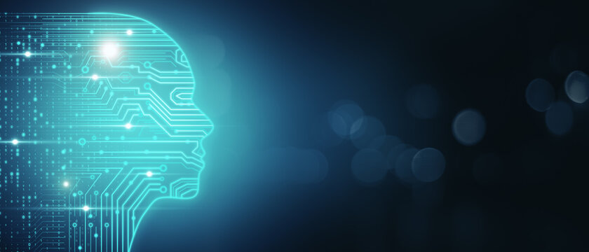 Artificial intelligence and machine learning concept with glowing digital human head silhouette with circuit on dark wallpaper with bubbles and copyspace. 3D rendering, mockup