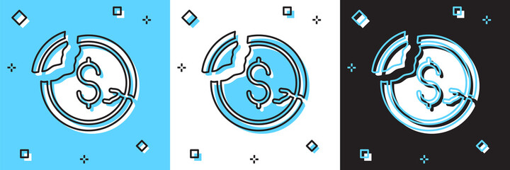 Set Dollar rate decrease icon isolated on blue and white, black background. Cost reduction. Money symbol with down arrow. Business lost crisis decrease. Vector