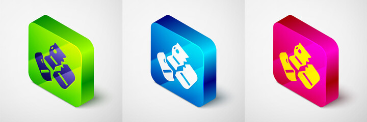Isometric Scissors cutting a credit card icon isolated on grey background. Online payment. Cash withdrawal. Financial operations. Shopping sign. Square button. Vector