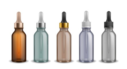 Cosmetic vials. Realistic glass bottles with dropper. 3D cylindrical container for essential liquid and pipette. Serum flacons set. Vector packaging for skincare and medicine products