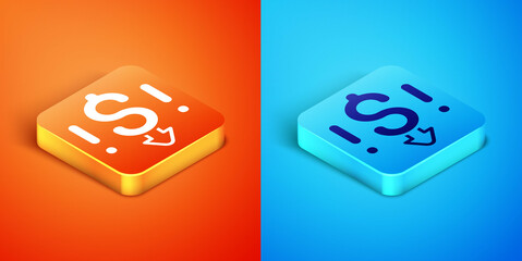 Isometric Dollar rate decrease icon isolated on orange and blue background. Cost reduction. Money symbol with down arrow. Business lost crisis decrease. Vector
