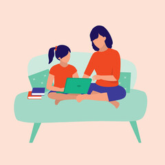 Daughter Having Homeschooling At Home. Online Education Concept. Vector Flat Cartoon Illustration. Mother Helping Her Daughter With Homework.