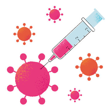 Syringe with Corona vaccine destroys virus Sars-cov-2. Destruction of the Coronavirus. Victory for the vaccination. Vector illustration.
