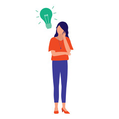 Young Woman Having A Idea. Idea And Thoughts Concept. Vector Flat Cartoon Illustration. Woman With Light Bulb.