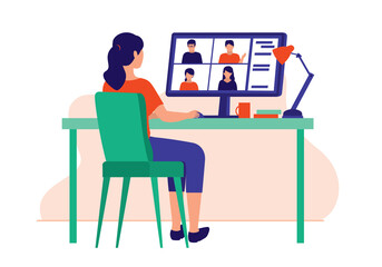 Woman Online Meeting. Virtual Event Concept. Vector Flat Cartoon Illustration. Young Woman Having Meeting With A Group Of People.