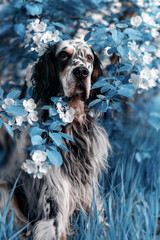 English setter in flowers in blue