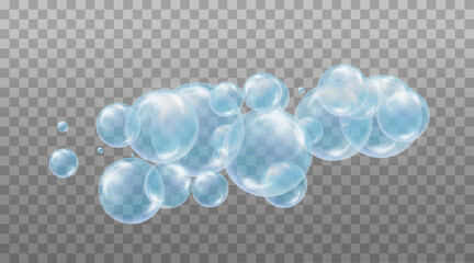 Realistic blue soap bubbles. Design elements for washing powder, shampoo, skin cosmetics..Isolated on a transparent background.