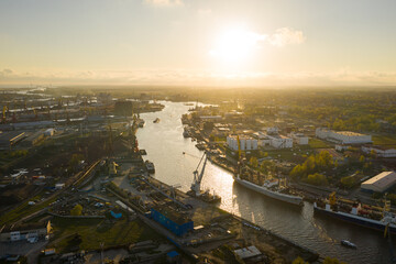 Aerial view of the port of Kaliningrad in the sunset