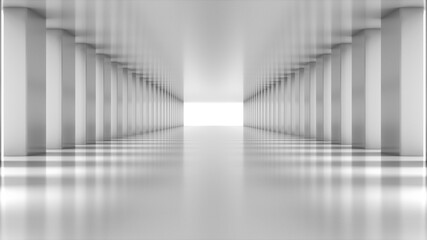 White empty light Hall Zoom in. Perspective view of White empty Modern Architecture room. Abstract  white tunnel Background. 3D Render.