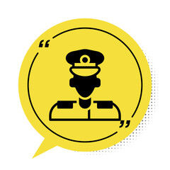 Black Pilot icon isolated on white background. Yellow speech bubble symbol. Vector