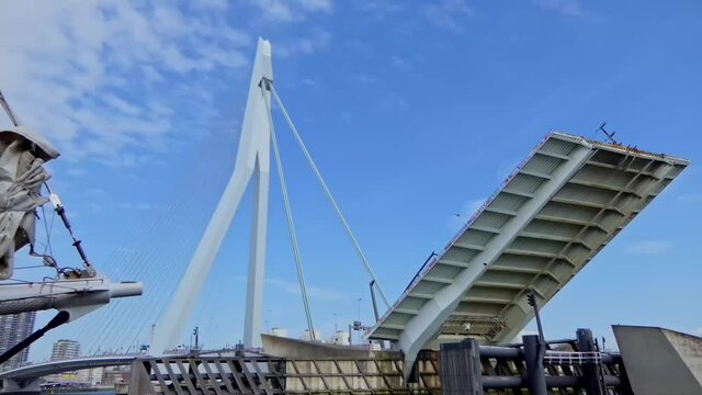 The Erasmus Bridge in Rotterdam is open to shipping traffic