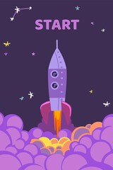 Rocket start. Starting shuttle in sky. Purple colors stars night background. Business startup symbol, creative idea and innovation. Simple modern cartoon design vector concept